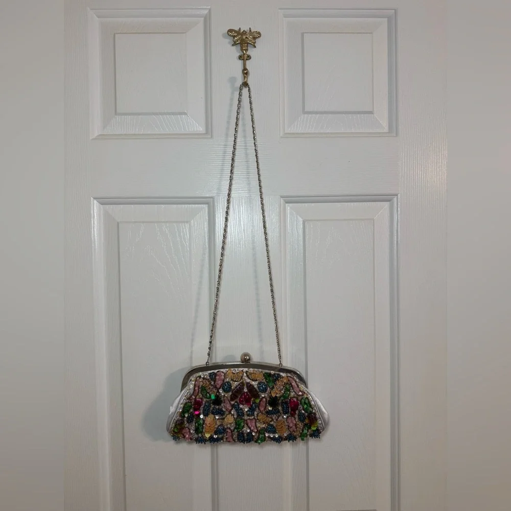 Beaded Floral Clutch Bag silver multicolored